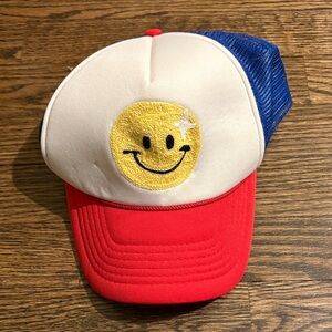 Camp Stoney Clover Red and Blue Embroidered Smiley Face Trucker Hat